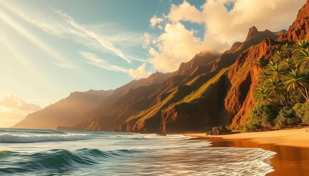 Expansive vistas of Hawaii's iconic North Shore, with golden sand beaches stretching beneath towering cliffs. Warm, golden sunlight filters through wispy clouds, casting a dreamy glow over the scene. In the foreground, gently lapping waves caress the shore, their rhythmic motion captured by a wide-angle lens. The middle ground features lush, verdant foliage cascading down the rocky outcroppings, complementing the turquoise waters of the Pacific Ocean. The background showcases the majestic silhouettes of volcanic mountains, their peaks reaching towards the heavens. An atmosphere of tranquility and wonder permeates the image, inviting the viewer to immerse themselves in the natural beauty of this photographer's paradise.