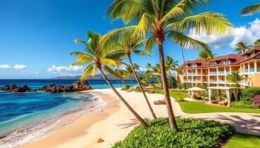 Four Seasons Resort Lanai beachfront view with luxury cabanas overlooking Hulopo'e Bay, Hawaii