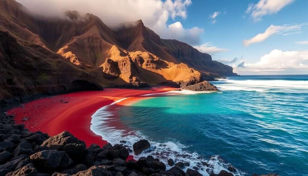 Kaihalulu Red Sand Beach: a picturesque cove nestled within the volcanic landscape of Maui, Hawaii. Dramatic crimson sands, carved from ancient lava flows, stretch along the shore, contrasted by the cerulean waters of the Pacific. Towering cliffs embrace the scene, their weathered faces casting dramatic shadows across the beach. Warm sunlight filters through wispy clouds, illuminating the vibrant hues and creating a sense of tranquility. In the distance, the rhythmic crashing of waves adds a soothing, natural soundtrack. This unique geological wonder, a rare and breathtaking sight, invites visitors to bask in its captivating beauty and become immersed in the island's remarkable coastal splendor.