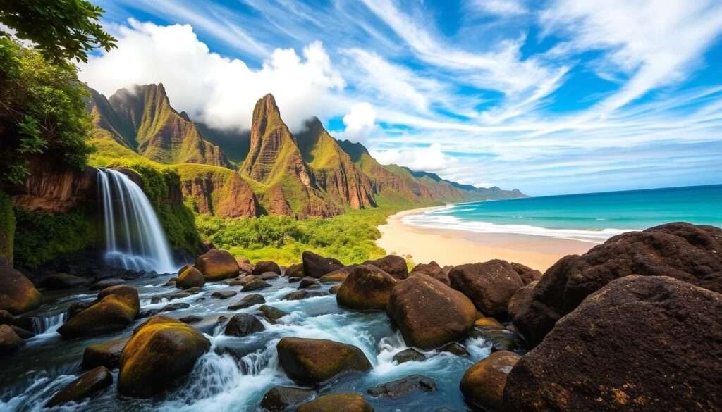 Kauai's lush tropical rainforests, towering waterfalls, and pristine beaches come alive in a breathtaking wide-angle vista. In the foreground, a flowing river cascades over mossy boulders, its crystal clear waters glistening in the warm Hawaiian sun. Soaring cliffs draped in verdant foliage rise majestically in the middle ground, their jagged edges casting dramatic shadows. In the distance, a golden-sand beach meets the turquoise Pacific Ocean, with wispy clouds drifting overhead in a vibrant azure sky. Warm, diffused lighting illuminates the scene, creating a serene, almost ethereal atmosphere that captures the natural wonders of the Garden Isle.