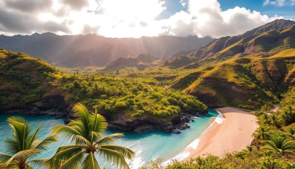 Lanai hidden gem: a lush, verdant landscape of rolling hills, rocky cliffs, and pristine beaches. In the foreground, a serene cove with turquoise waters laps against a white sand shoreline, framed by swaying palm trees. The middle ground reveals a winding coastal trail, leading through a thicket of native flora. In the distance, rugged, pine-covered mountains rise majestically, bathed in warm, golden sunlight filtering through wispy clouds. The scene evokes a sense of tranquility and isolation, a true escape from the crowds and hustle of everyday life. Captured with a wide-angle lens to convey the expansive, untouched beauty of this Hawaiian island paradise.