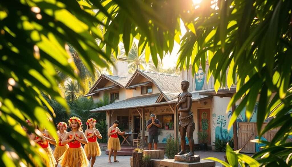 Lush tropical foliage frames a vibrant scene of local Hawaiian culture. In the foreground, a group of hula dancers perform a traditional dance, their grass skirts and flower crowns swaying gently in the warm breeze. In the middle ground, a skilled artisan works at a carved wooden statue, meticulously adding intricate details. In the background, thatched-roof buildings and colorful murals on weathered walls offer a glimpse into the island's unique architectural heritage. Soft, golden sunlight filters through the canopy, casting a warm, inviting glow over the entire tableau. The overall atmosphere conveys a sense of timeless tradition, cultural richness, and deep connection to the land.