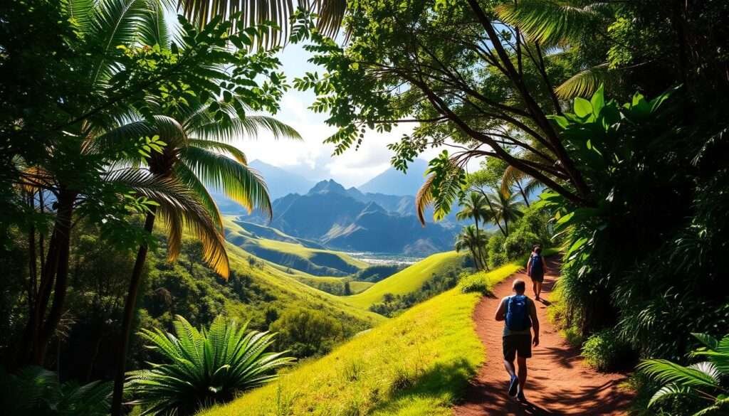 Lush, verdant hiking trails wind through the rolling hills of Hawaii's tropical paradise. Vibrant greens of towering palm trees and ferns frame the winding paths, leading adventurers deeper into the island's natural splendor. Dappled sunlight filters through the verdant canopy, casting a warm, golden glow across the scene. In the distance, majestic volcanic peaks rise, their rugged silhouettes a dramatic backdrop to the serene, meandering trails. Hikers traverse the smooth, earthy terrain, immersed in the tranquil serenity of Hawaii's outdoor haven. A sense of adventure and exploration pervades the image, inviting the viewer to embark on an epic journey through the island's breathtaking natural wonders.