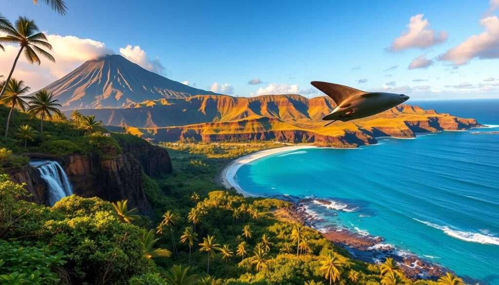 Lush, verdant landscape of Hawaii's Big Island, bathed in warm, golden sunlight. In the foreground, a majestic volcano, its smoldering peak rising into the azure sky. Cascading waterfalls tumble over rugged cliffs, their misty spray glistening. Pristine beaches bordered by swaying palm trees, the turquoise waters of the Pacific beckoning. Graceful manta rays glide effortlessly, their wing-like fins cutting through the waves. Adventurers explore hidden lava tubes and hike through lush, tropical forests, immersed in the island's captivating natural wonders. Vibrant, textured details, cinematic lighting, and a sense of scale and grandeur.