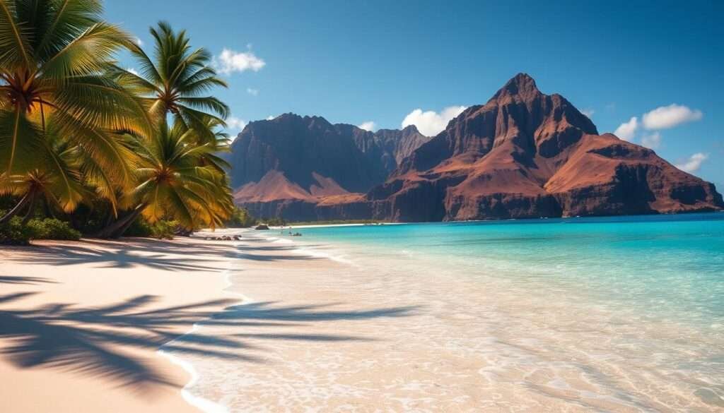 Magnificent Hawaiian beaches with crystal-clear turquoise waters lapping against pristine white sand. Lush, verdant palm trees sway gently in the tropical breeze, casting delicate shadows across the tranquil scene. Dramatic volcanic cliffs rise up in the distance, their jagged silhouettes framing the idyllic coastline. Warm, golden sunlight bathes the entire landscape, creating a serene, almost ethereal atmosphere. The camera captures this picturesque paradise from a low angle, emphasizing the scale and grandeur of the natural surroundings. Every detail, from the intricate textures of the sand to the vibrant hues of the ocean, is rendered with exquisite clarity and precision.