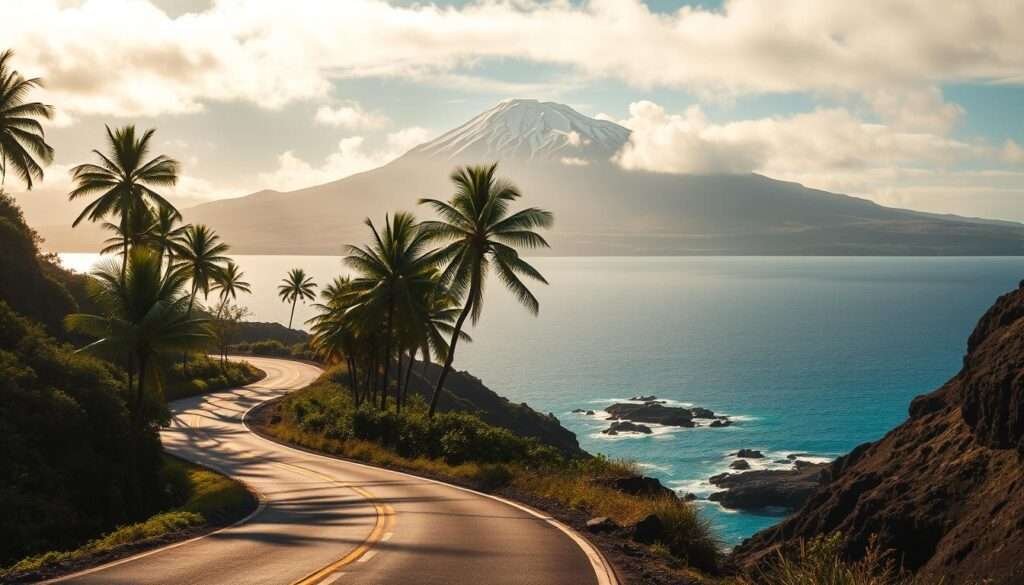 Mauna Loa Road, a winding mountain highway slicing through the lush, verdant landscapes of Hawaii's Big Island. In the foreground, a two-lane asphalt road hugs the rugged coastline, framed by towering palm trees swaying gently in the warm island breeze. The middle ground reveals a panoramic vista of the shimmering Pacific Ocean, its turquoise waters lapping against the black volcanic rock formations. In the distance, the majestic snow-capped peak of Mauna Loa volcano rises majestically, casting a dramatic shadow over the scene. Warm, golden sunlight filters through wispy clouds, creating a serene, ethereal atmosphere. A cinematic, wide-angle lens captures the grandeur and scale of this breathtaking scenic drive.