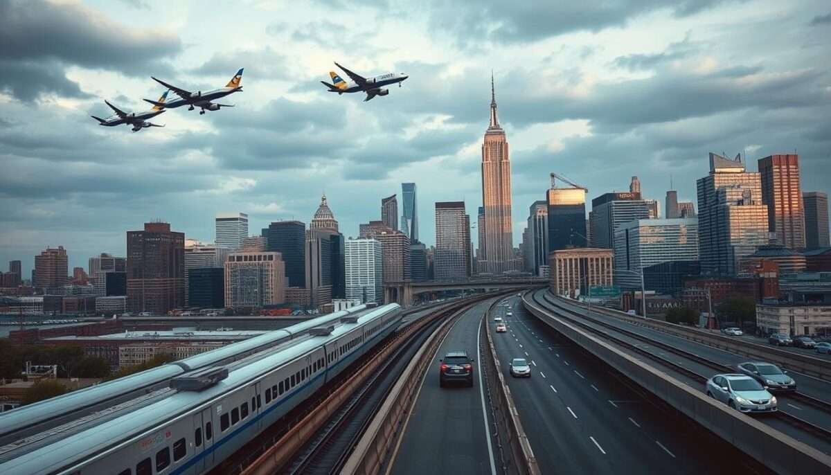New York City skyline with various transportation options shown arriving