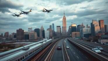 New York City skyline with various transportation options shown arriving