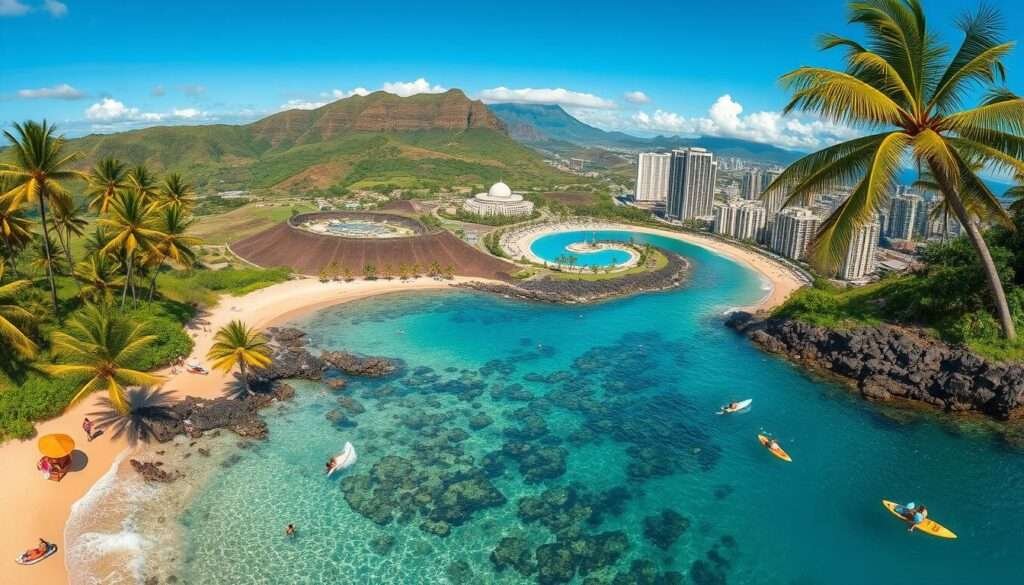 Oahu activities: A vibrant paradise of tropical landscapes, crystal-clear waters, and exhilarating adventures. In the foreground, sun-drenched beaches dotted with swaying palm trees and local beachgoers enjoying various water sports like surfing, snorkeling, and kayaking. In the middle ground, lush green valleys and hiking trails leading to breathtaking vistas, with the iconic Diamond Head crater in the distance. The background showcases the dynamic skyline of Honolulu, with modern high-rises and traditional Hawaiian architecture bathed in warm, golden light. Capture the essence of Oahu's diverse activities, from the serene to the adrenaline-filled, in a cinematic, wide-angle composition that immerses the viewer in the island's captivating beauty.