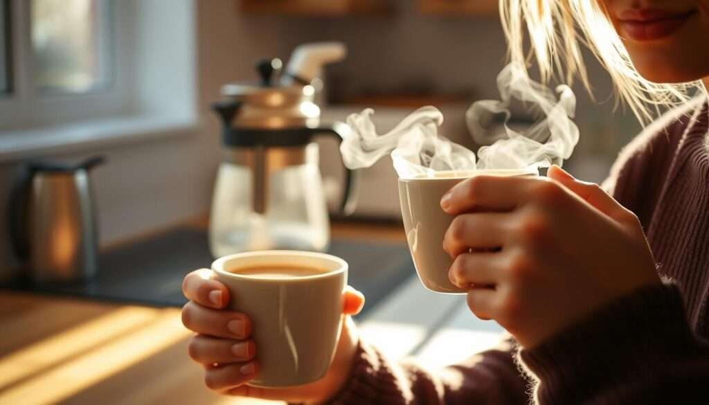 Person enjoying coffee from a thermal carafe coffee maker in morning light Person enjoying coffee from a thermal carafe coffee maker in morning light