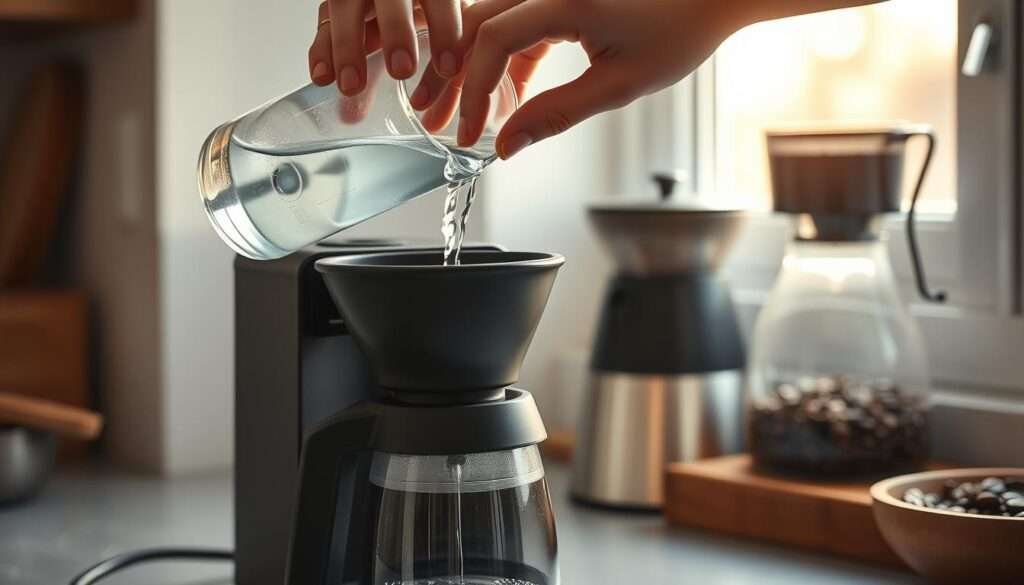 Person pouring water into a coffee maker with thermal carafe Person pouring water into a coffee maker with thermal carafe
