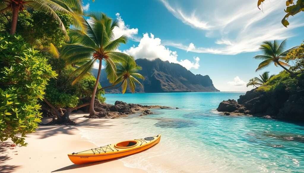 Picturesque hidden beach cove in Hawaii, with crystal clear turquoise waters lapping against fine white sand. Lush tropical foliage and palm trees frame the serene coastal scene, casting soft dappled shadows. Warm golden sunlight filters through wispy clouds, illuminating the tranquil paradise. A lone kayak rests on the shore, inviting exploration of the secluded bay. Dramatic volcanic cliffs rise in the distance, creating a stunning natural backdrop. The overall mood is one of peaceful seclusion and untouched natural beauty, capturing the essence of Hawaii's hidden coastal gems.