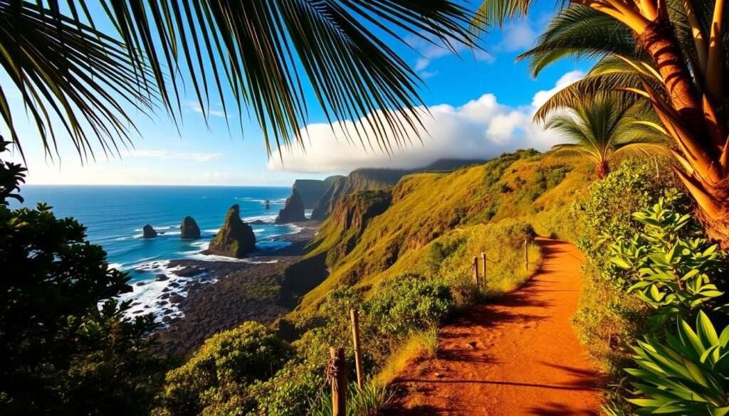 Pololu Valley trail winds through lush, verdant foliage, leading to dramatic cliffs plunging into the azure Pacific. Towering sea stacks rise from the crashing waves, casting dramatic shadows across the rocky shoreline. Warm, golden sunlight filters through palm fronds, illuminating the scene with a serene, tranquil atmosphere. A wide-angle lens captures the expansive vista, showcasing the valley's untamed natural beauty. Wispy clouds drift overhead, adding depth and dimension to the picturesque landscape. This hidden Hawaiian paradise, known only to locals, offers a breathtaking glimpse into the island's untamed, untouched wilderness.