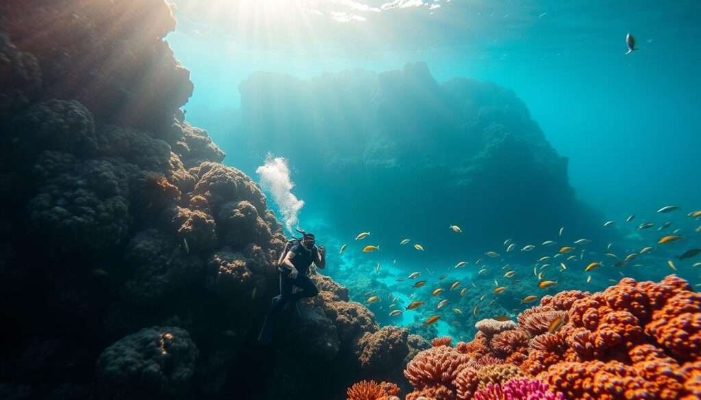 Scuba diver exploring vibrant coral reef teeming with marine life in crystal-clear turquoise waters off the Kona coast of Hawaii's Big Island. Sunlight filters through the surface, illuminating the scene with a soft, warm glow. Diverse schools of tropical fish dart between the intricate corals, creating a captivating underwater dance. The diver's silhouette is visible in the foreground, their movements graceful and serene as they navigate the submerged landscape. Dramatic volcanic rock formations loom in the distance, hinting at the geological wonders hidden beneath the waves. An awe-inspiring view that captures the essence of Hawaii's exceptional scuba diving experiences.