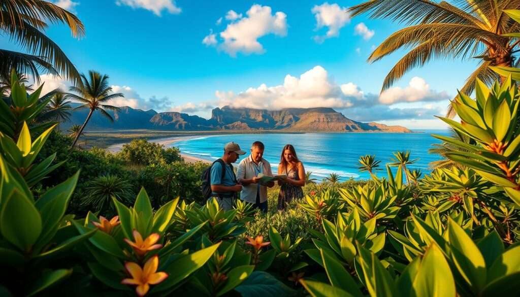 Serene Hawaiian landscape, lush tropical foliage in the foreground with vibrant greens and flowers, pristine beaches and azure waters in the middle ground, dramatic volcanic mountains in the background bathed in golden hour lighting. In the center, a group of people planning their wildlife adventure, poring over a map and binoculars, excitement and anticipation on their faces. The scene is captured with a wide-angle lens, highlighting the scale and beauty of the natural setting. An atmosphere of adventure, discovery, and connection with the natural world.