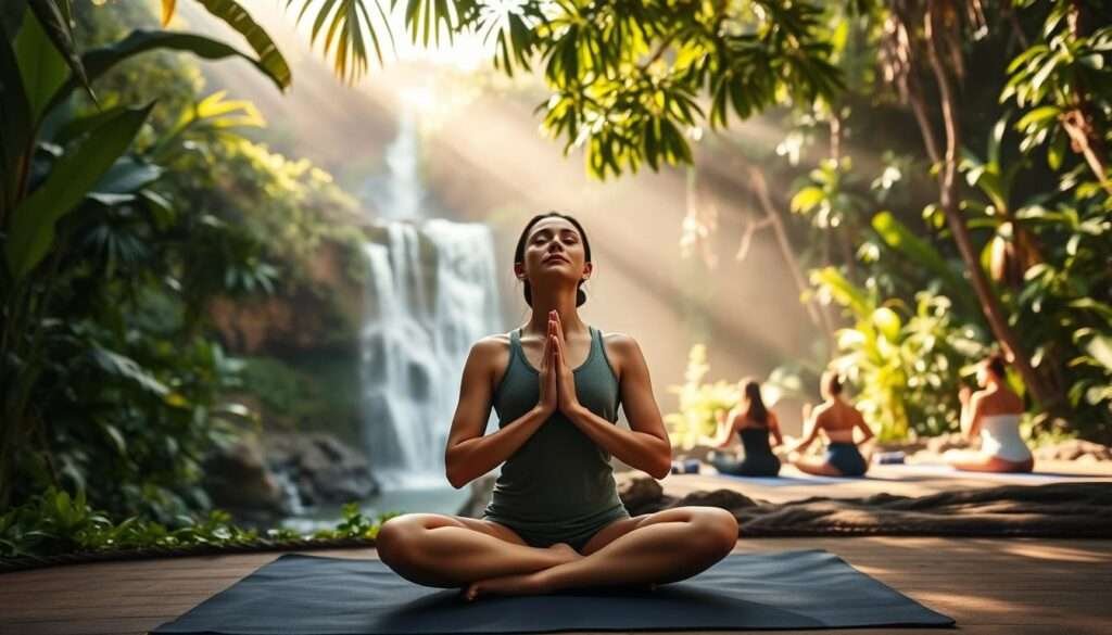 Serene Hawaiian landscape with lush tropical foliage and cascading waterfalls in the background. In the foreground, a woman seated in a meditative lotus position, eyes closed, hands in prayer, radiating inner peace and tranquility. Sunlight filters through the canopy, casting a warm, golden glow. Nearby, a small group engages in gentle yoga poses on mats, embracing the restorative power of movement. The atmosphere is one of deep rejuvenation, inviting the viewer to pause, breathe, and reconnect with their soul's wellbeing.