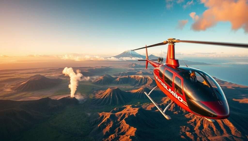 Soaring over the rugged Hawaiian landscape, a helicopter glides effortlessly, offering a bird's-eye view of the Volcanoes National Park. In the foreground, the sleek, modern aircraft hovers gracefully, its blades slicing through the crisp, island air. The middle ground reveals the awe-inspiring volcanic terrain, with towering peaks and steaming vents dotting the lush, verdant landscape. In the distance, the horizon is dominated by the majestic silhouette of Mauna Loa, its snow-capped summit reaching towards the heavens. The image is bathed in warm, golden light, capturing the breathtaking beauty and adventure of this bucket list experience.