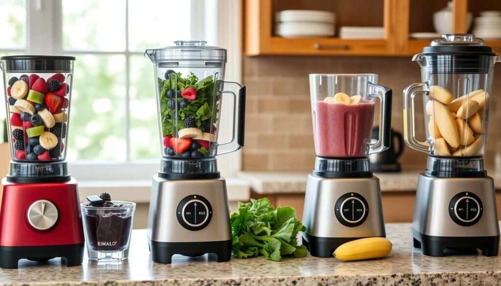 Various blenders for smoothies being tested with frozen fruits and greens Various blenders for smoothies being tested with frozen fruits and greens