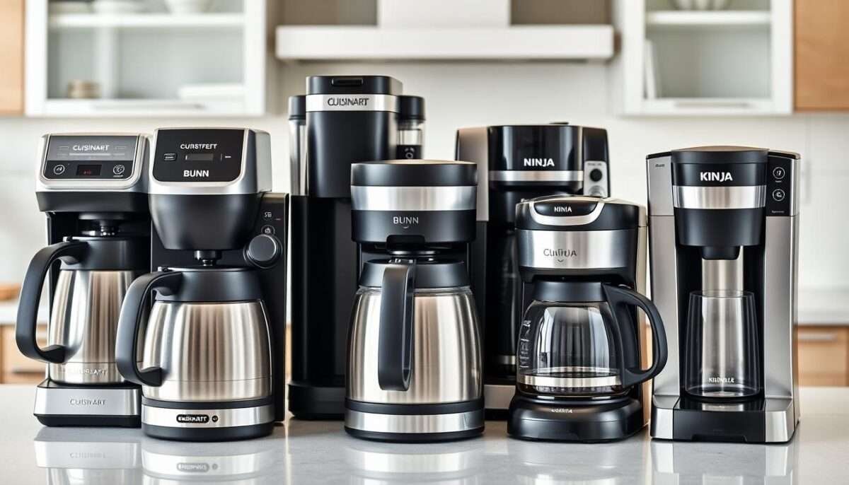 Various coffee makers with thermal carafes arranged on a kitchen counter