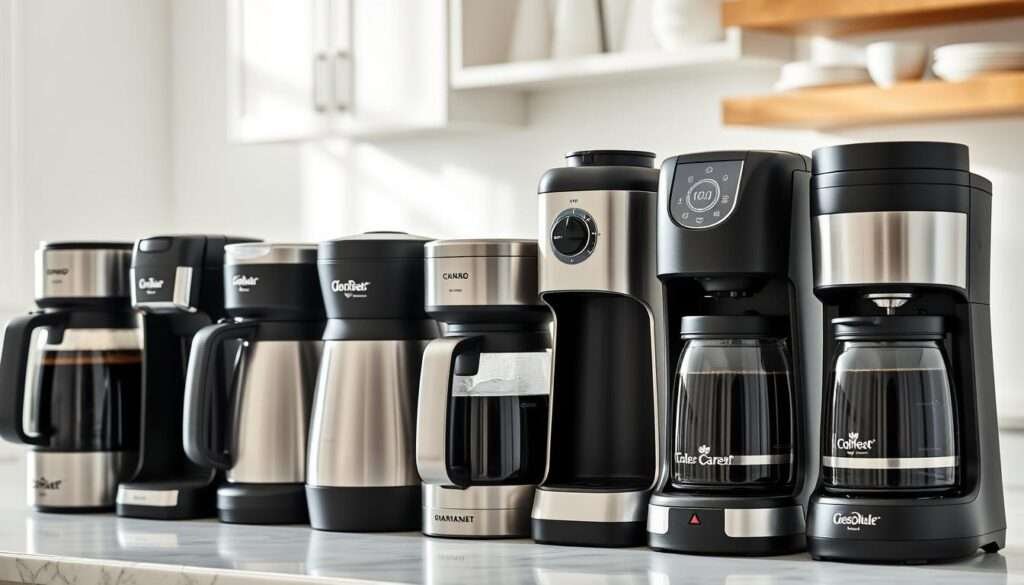 Various thermal carafe coffee makers displayed side by side showing different features and designs Various thermal carafe coffee makers displayed side by side showing different features and designs