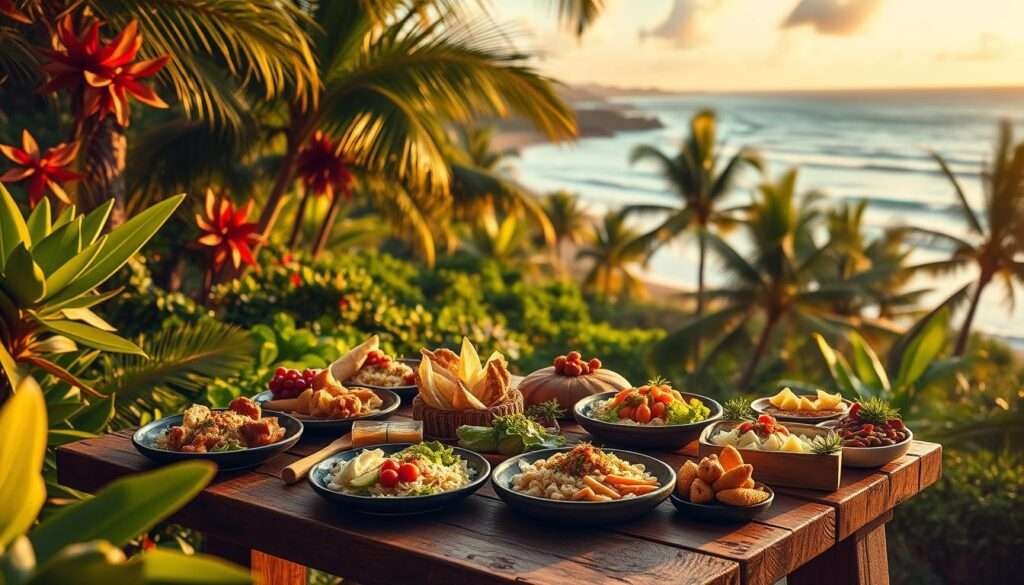 Vibrant tropical landscape with lush foliage and a wooden table in the foreground, upon which various Hawaiian dishes are artfully arranged. The table is adorned with colorful, freshly-picked ingredients, evoking the flavors of the islands. Warm, golden lighting filters through the scene, creating a cozy, inviting atmosphere. In the background, a panoramic view of a picturesque Hawaiian coastline, with swaying palm trees and the gentle lapping of waves. The overall composition exudes a sense of authenticity, showcasing the rich culinary heritage and natural beauty of Hawaii.