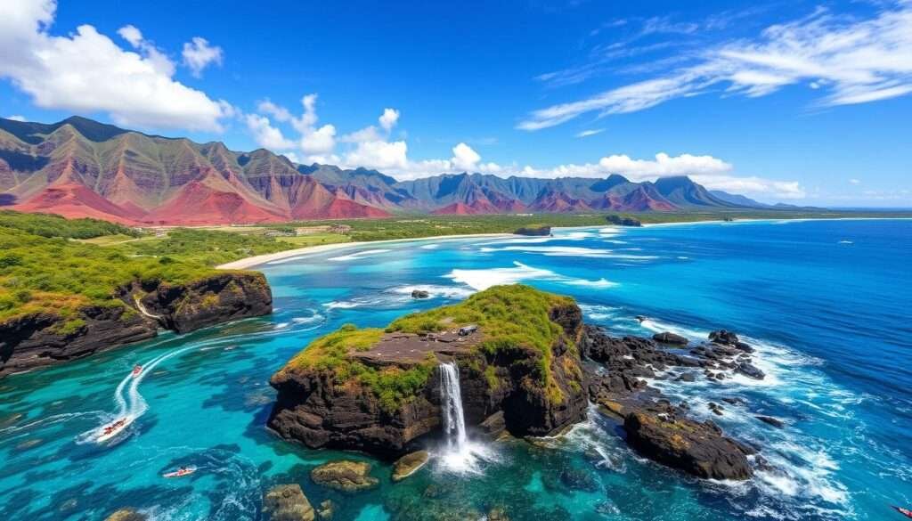 Vibrant tropical paradise, azure waves crashing against volcanic cliffs. Kayakers navigating turquoise channels, snorkelers exploring coral gardens teeming with marine life. Hikers ascending lush rainforest trails, taking in sweeping vistas of distant peaks. Surfers riding the curl of perfect waves, sun-kissed and exhilarated. Zipliners soaring through verdant canopies, adrenaline pumping. Majestic waterfalls cascading into hidden pools, beckoning for a refreshing dip. An adventurer's dream, Hawaii's natural wonders captured in vivid detail.
