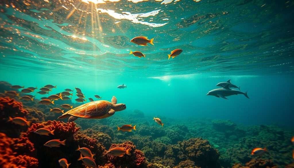 Vibrant underwater seascape in Hawaii, captured by a wide-angle lens. In the foreground, a school of tropical fish dart through a coral reef, their iridescent scales shimmering in the warm, golden sunlight filtering through the crystal-clear waters. In the middle ground, a graceful sea turtle glides effortlessly, its ancient shell a mosaic of patterns. In the distance, a pod of playful dolphins breach the surface, their sleek bodies glistening as they frolic in the gentle waves. The scene is suffused with a sense of tranquility and wonder, reflecting the rich marine biodiversity that makes Hawaii a true wildlife paradise.