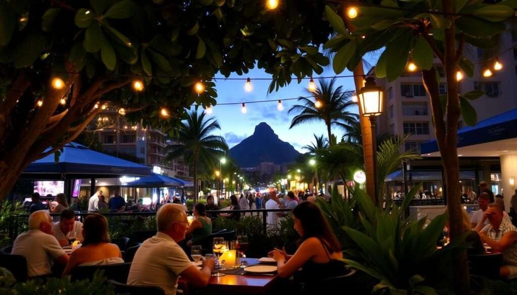 Waikiki dining experience: An intimate outdoor restaurant nestled amid tropical foliage, with twinkling string lights casting a warm glow over the tables. In the foreground, diners savor locally-sourced seafood and Hawaiian-fusion cuisine, sipping craft cocktails. The middle ground reveals a vibrant nightlife scene, with people strolling along the bustling sidewalks. In the background, the iconic Diamond Head crater rises majestically, silhouetted against a dusky sky. The overall atmosphere is one of relaxation, indulgence, and the blending of Waikiki's natural beauty with its lively culinary culture.