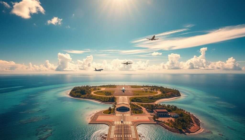 wide aerial shot of a tropical island landscape with a small airport in the foreground, three passenger jets taking off in the middle ground, fluffy white clouds and a bright blue sky in the background, warm golden sunlight illuminating the scene, a sense of tranquility and affordability conveyed through the peaceful, relaxed atmosphere