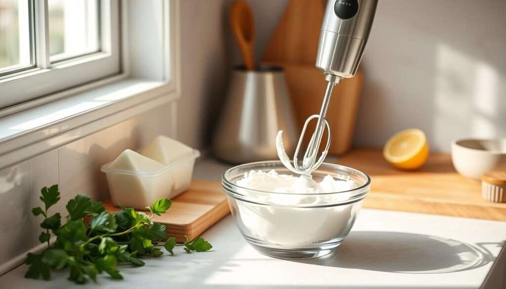 A bright and airy kitchen counter with a cutting board, a hand blender, and a bowl of fresh cottage cheese. Soft, diffused lighting from a window illuminates the scene, casting gentle shadows. The blender's stainless steel body gleams as it's being used to smoothly incorporate the cottage cheese, creating a creamy, lump-free texture. The surrounding environment is clean and uncluttered, allowing the kitchen task at hand to be the focal point.