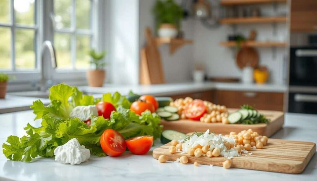 A bright and airy kitchen countertop, with fresh ingredients artfully arranged in the foreground - crisp lettuce leaves, juicy tomatoes, crunchy cucumber slices, and a creamy dollop of cottage cheese. In the middle ground, a wooden chopping board showcases the step-by-step process - diced chickpeas, finely chopped onions, and a sprinkle of aromatic herbs. The background features a large window, allowing natural light to flood the scene, creating a warm and inviting atmosphere. The overall composition conveys a sense of simplicity, freshness, and the joy of home-cooked, healthy meal preparation.