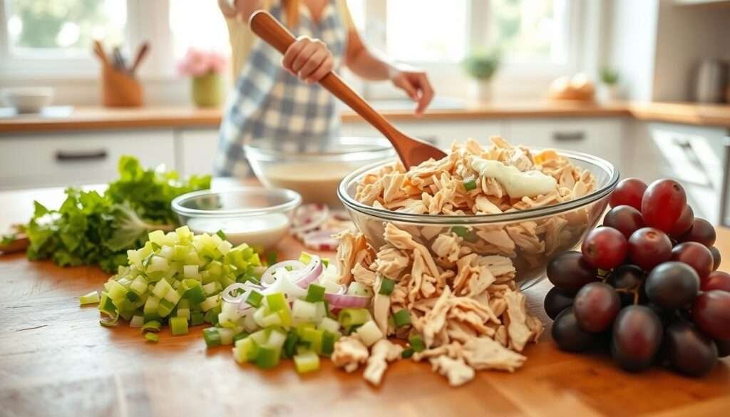 A bright and airy kitchen scene with a clean, wooden countertop. In the foreground, neatly arranged ingredients for a step-by-step chicken salad recipe: shredded roasted chicken, diced celery, onion, grapes, and a bowl of creamy Greek yogurt dressing. Midground, hands carefully mixing the salad components with a wooden spoon. Background, sunlight streams through large windows, illuminating the preparation process. The scene conveys a sense of freshness, healthiness, and attention to detail, perfect for illustrating a step-by-step chicken salad recipe.