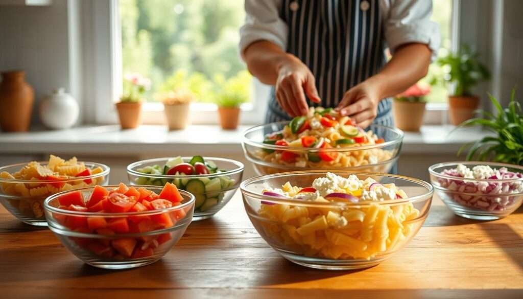 A bright and airy kitchen, with a wooden table in the foreground. On the table, a series of glass bowls, each containing a different ingredient for a pasta salad - fresh pasta, diced tomatoes, sliced cucumbers, chopped red onions, and crumbled feta cheese. In the middle ground, a chef's hands deftly tossing the ingredients together in a large mixing bowl, creating a colorful and inviting display. The background features a window overlooking a lush garden, casting a warm, natural light across the scene. The overall mood is one of fresh, healthy, and effortless culinary preparation.