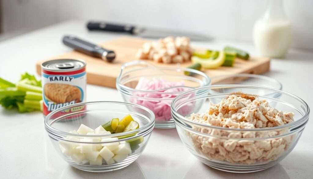 A bright, well-lit kitchen counter with a neutral background. In the foreground, a set of glass bowls filled with various ingredients for tuna salad - canned tuna, diced celery, onions, pickles, mayonnaise, and seasonings. In the middle ground, a chef's knife and cutting board, showcasing the step-by-step preparation process. The lighting is soft and natural, highlighting the textures and colors of the fresh ingredients. The overall composition conveys a sense of simplicity, organization, and the ease of making a protein-packed, flavorful tuna salad.