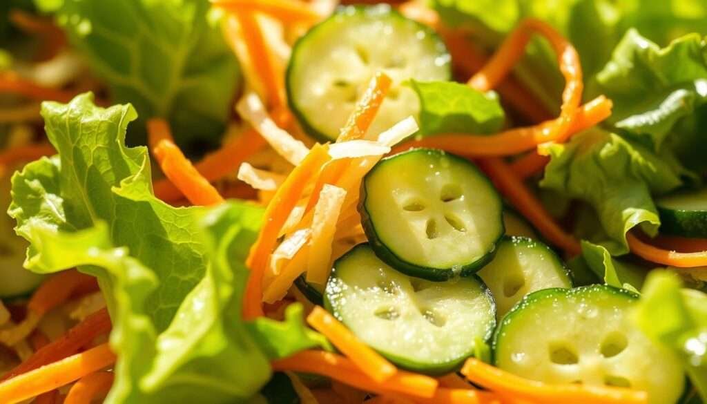 A close-up, macro view of a crunchy, fresh salad texture. Crisp, vibrant green lettuce leaves with visible veins and edges, interspersed with shredded carrot strands and sliced cucumber discs. The salad ingredients have a distinct, lively crunch, conveying a sense of freshness and vitality. Bright, natural lighting from the side casts dynamic shadows, emphasizing the intricate, three-dimensional structure of the salad elements. The depth of field is shallow, keeping the foreground in sharp focus while the background is softly blurred. The overall mood is one of appetizing, wholesome goodness, inviting the viewer to experience the satisfying texture of this delicious, Asian-inspired chicken crunch salad.