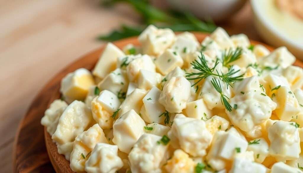 A close-up photograph of a fresh, homemade egg salad served on a wooden board. The salad is made with hard-boiled eggs, creamy mayonnaise, crunchy celery, and fragrant dill. The texture is smooth and inviting, with small chunks of egg visible. The lighting is soft and natural, casting a warm, appetizing glow. The composition places the egg salad in the foreground, with a simple, uncluttered background to emphasize the key ingredients and their nutritional benefits. The overall mood is one of wholesome, high-protein goodness, perfectly suited to illustrate the key advantages of this healthy lunch option.