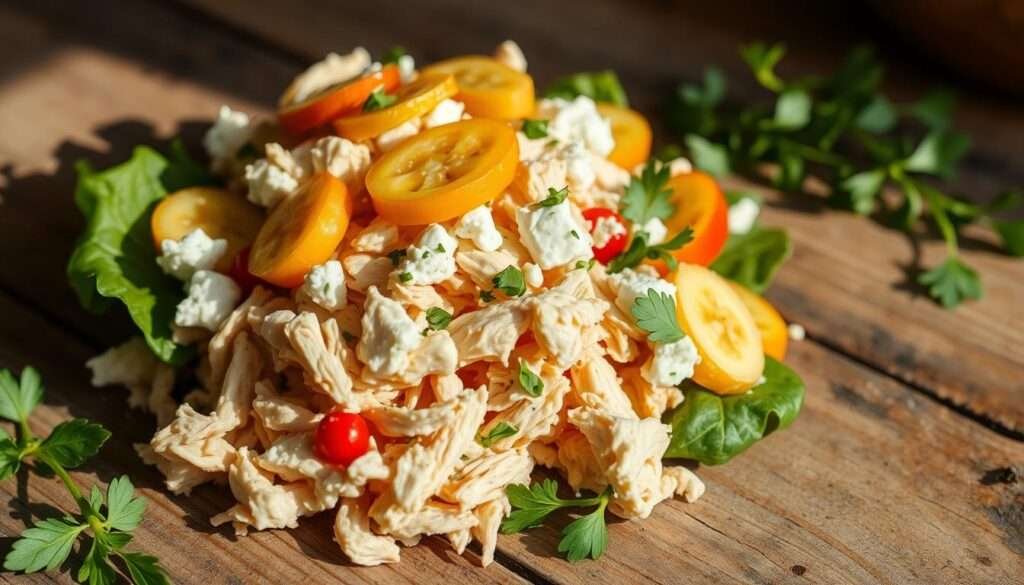 A close-up photograph of a fresh, vibrant cottage cheese chicken salad, arranged artfully on a rustic wooden table. The salad is composed of tender, shredded chicken, creamy cottage cheese, crisp slices of banana peppers, and a scattering of fresh herbs. The lighting is soft and natural, casting gentle shadows and highlighting the textures and colors of the ingredients. The overall mood is inviting and appetizing, evoking a sense of wholesomeness and nutritional goodness. The camera angle is slightly elevated, providing a visually appealing and close-up perspective of the salad, emphasizing its delectable appearance.