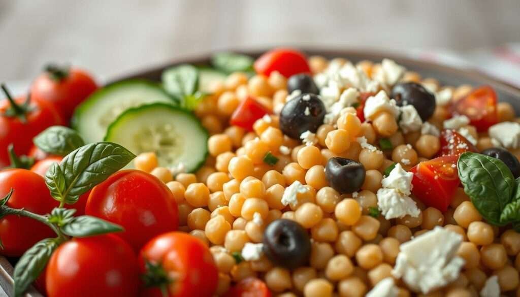 A close-up photograph of an assortment of chickpea pasta salad ingredients, captured under soft, natural lighting with a shallow depth of field. In the foreground, vibrant cherry tomatoes, sliced cucumbers, and fresh basil leaves are neatly arranged. The midground showcases the star of the dish - cooked, al dente chickpea pasta, along with sliced kalamata olives and crumbled feta cheese. The background features a subtle, blurred textured surface, such as a rustic wooden table or linen cloth, to create a warm, inviting atmosphere. The overall composition emphasizes the fresh, Mediterranean-inspired flavors and high-protein nature of the chickpea pasta salad.
