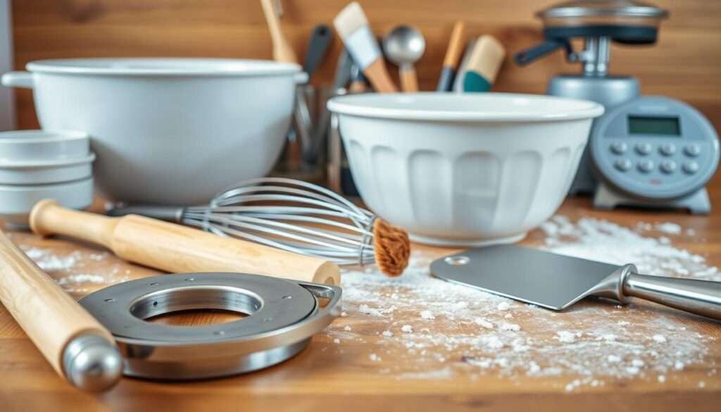 A close-up photograph of an assortment of essential bagel-making tools, arranged neatly on a wooden surface. In the foreground, a shiny metal bagel slicer, a rolling pin, and a dough scraper. In the middle ground, a large mixing bowl, a whisk, and a pastry brush. In the background, a set of measuring cups and spoons, a digital kitchen scale, and a lightly floured clean work surface. The lighting is soft and natural, highlighting the textures and colors of the tools. The overall mood is one of organized, functional simplicity, conveying the tools needed to create delicious homemade bagels.