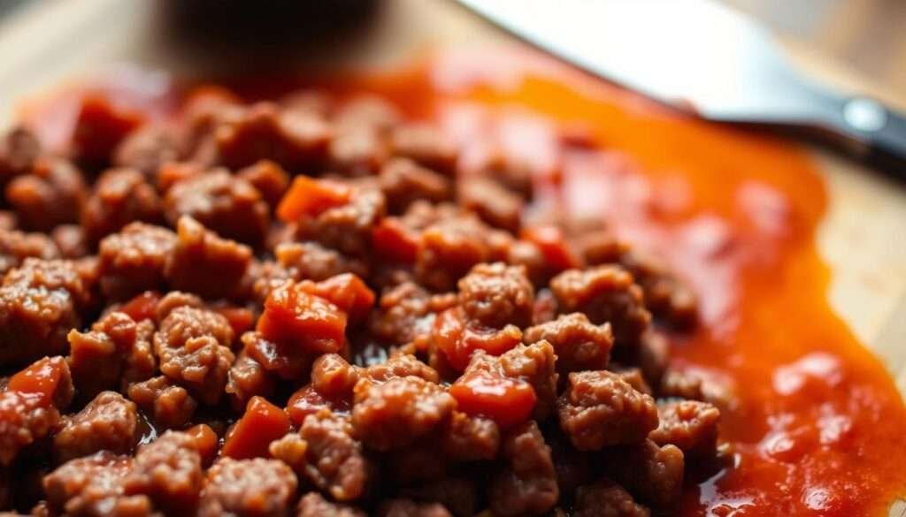 A close-up shot of freshly cooked ground beef, simmered in a rich, flavorful tomato-based sauce. The beef is depicted in the foreground, with a medium-soft focus, showcasing its juicy texture and the sauce's smooth, velvety consistency. The middle ground features a wooden cutting board or surface, providing a rustic, earthy backdrop. Subtle highlights and shadows accentuate the depth and dimension of the scene, creating a warm, appetizing atmosphere. The lighting is soft and diffused, evoking a comforting, homemade feel. The overall composition and styling convey a sense of culinary expertise and attention to detail, perfectly capturing the "Pro Tips for the Best Results" theme.
