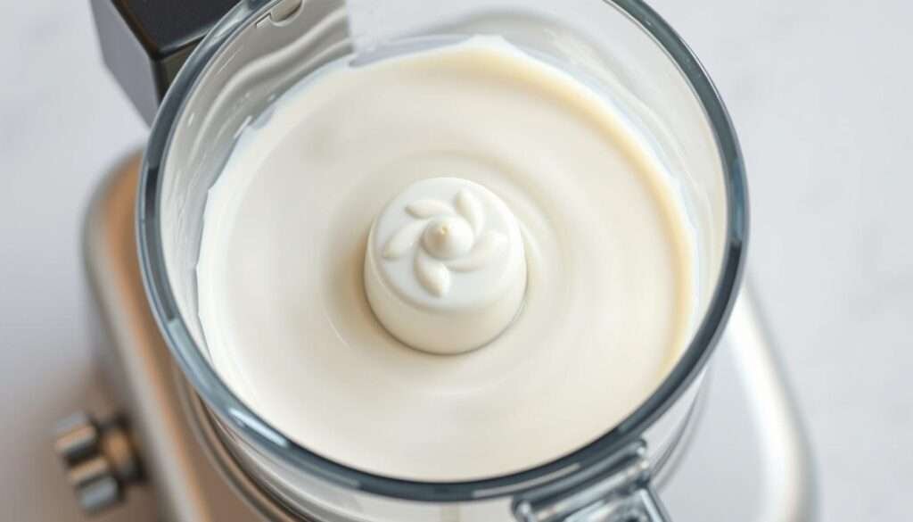 A close-up view of a stainless steel food processor with a clear glass bowl, filled with a creamy white protein dressing. The dressing appears smooth and silky, with a glossy sheen. Bright, even lighting illuminates the scene, casting soft shadows and highlighting the texture of the dressing. The processor's controls and blades are visible, suggesting this is a practical, functional shot capturing the process of making the dressing. The overall mood is clean, professional, and appetizing, emphasizing the nutrient-rich, high-protein nature of the dish.