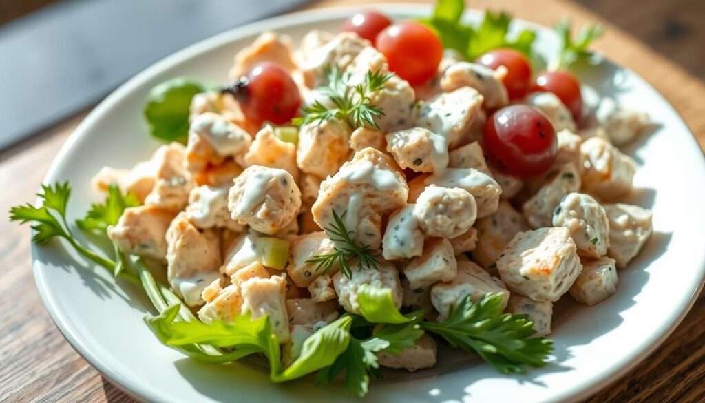 A crisp, vibrant chicken salad dressed in a light and creamy Greek yogurt dressing, garnished with fresh dill, crunchy celery, and juicy grapes. The salad is artfully arranged on a white ceramic plate, capturing the delicate balance of flavors and textures. Soft natural lighting illuminates the dish, casting gentle shadows and highlighting the salad's fresh, appetizing appearance. The camera's focus is sharply on the salad, creating a visually appealing close-up that showcases the dish's inviting and nutritious qualities, perfect for illustrating a healthy meal option.