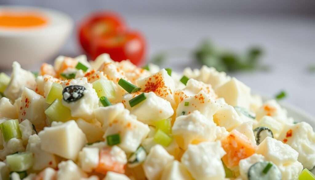 A crisp, well-lit close-up of a serving of cottage cheese egg salad, showcasing the various ingredients and textures. In the foreground, a creamy blend of cottage cheese, hard-boiled eggs, diced celery, and a sprinkle of fresh chives. In the middle ground, a scattering of paprika, a drizzle of olive oil, and a few halved cherry tomatoes for pops of color. The background features a neutral, softly blurred surface, allowing the salad to take center stage. The lighting is natural and diffused, casting gentle shadows and highlighting the inviting, nutritious nature of this protein-rich variation on classic egg salad.