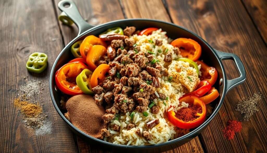 A deconstructed stuffed pepper skillet on a rustic wooden table, with sliced bell peppers, ground beef, rice, and a medley of spices scattered across the surface. Warm lighting casts a cozy glow, highlighting the vibrant colors and textures. The dish is presented in a casual, homemade style, conveying the comforting and satisfying nature of this meal prep dish. The arrangement is intentionally asymmetrical, creating a sense of movement and inviting the viewer to imagine assembling the components into a flavorful and nourishing bowl.