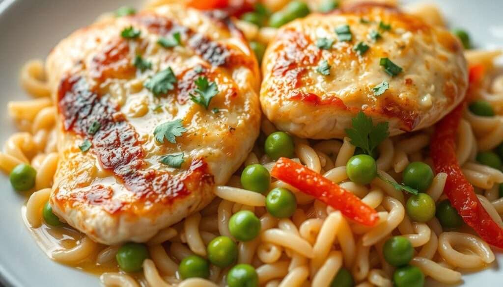A delectable chicken orzo meal, simmered to perfection, glistening with a lush, creamy sauce. The tender chicken breasts, seared to a golden-brown, nestled atop a bed of fluffy, al dente orzo pasta. Vibrant green peas and slivers of roasted red bell peppers add pops of color, complementing the rich, savory flavors. Captured in a softly diffused lighting, the dish appears to be freshly plated, inviting the viewer to indulge in its mouthwatering goodness. A sprinkle of freshly chopped parsley adds a final touch of freshness, elevating this high-protein meal to a culinary masterpiece.