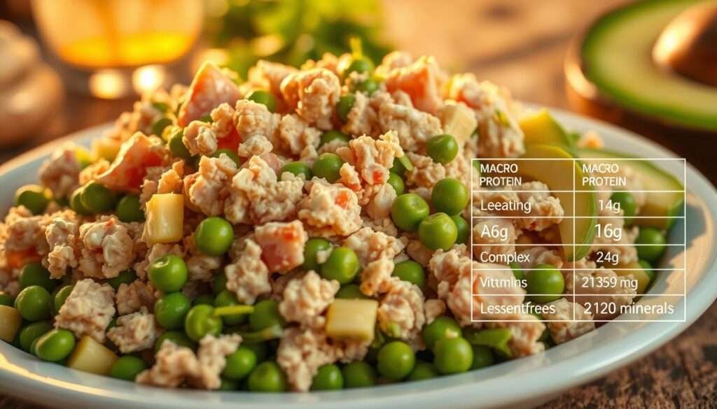 A delectable tuna salad overflowing with nutritious ingredients, bathed in warm, golden lighting and captured from a low, slightly elevated angle. In the foreground, chunky tuna flakes mingle with vibrant green peas, crisp celery stalks, and velvety avocado slices. The middle ground showcases a rainbow of macro nutrients - lean protein, heart-healthy fats, complex carbohydrates, and essential vitamins and minerals - displayed in a clear, informative breakdown. The background hints at a rustic, wooden table setting, creating a comforting, wholesome atmosphere.