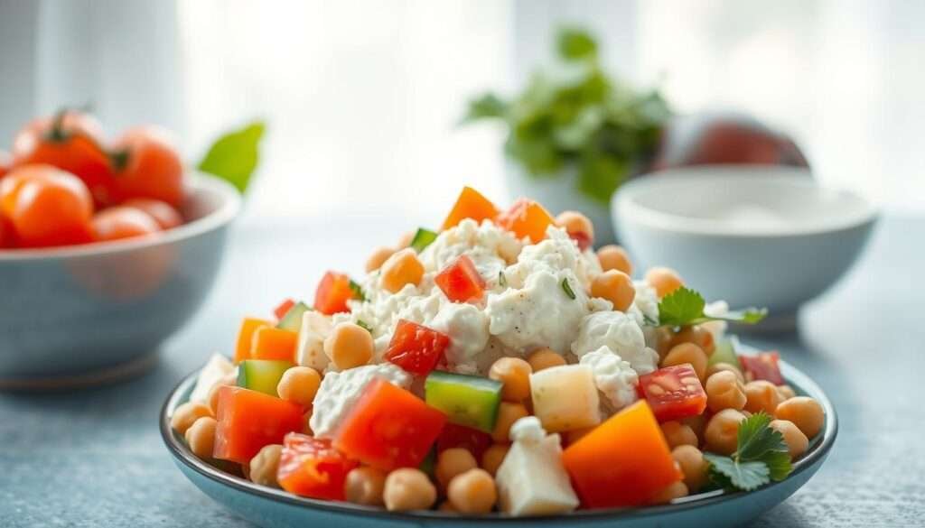 A delightful, protein-packed cottage cheese salad set against a bright, airy backdrop. In the foreground, a generous portion of creamy cottage cheese, dotted with juicy chickpeas and vibrant vegetables like diced tomatoes, crisp cucumber, and crunchy bell peppers. The salad is artfully arranged, creating an inviting and visually appealing composition. Soft, diffused lighting gently illuminates the scene, highlighting the fresh, wholesome ingredients. The overall mood is fresh, healthy, and appetizing, perfectly capturing the essence of this nourishing and satisfying cottage cheese and chickpea salad.