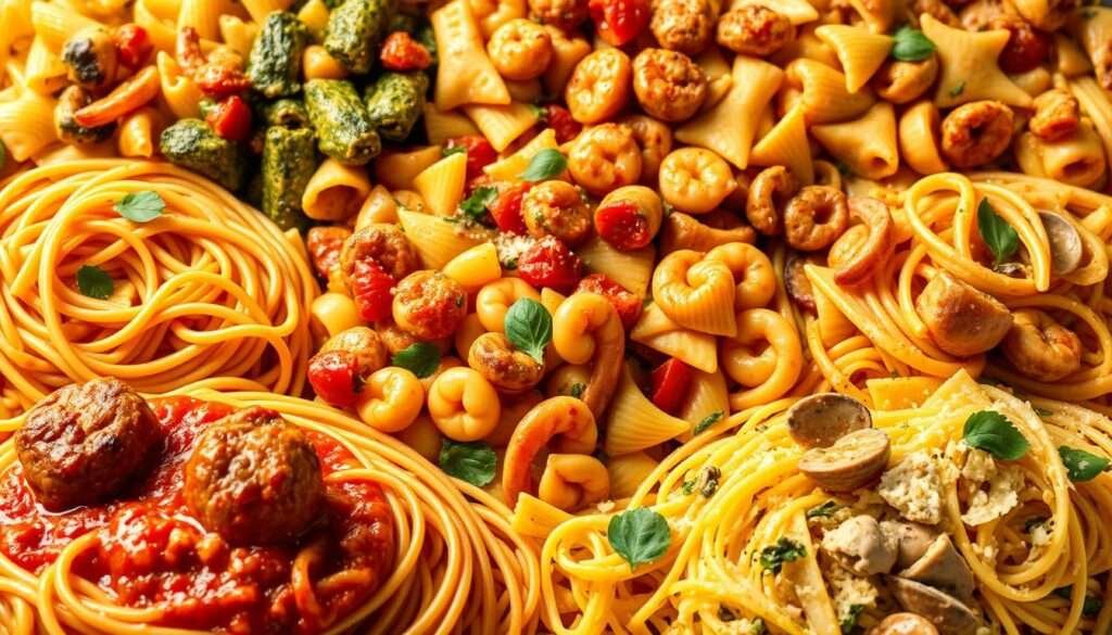 A diverse array of protein-packed pasta variations, each a culinary masterpiece. In the foreground, spaghetti with succulent meatballs, simmered in a rich, tomato-based sauce. Alongside, vibrant penne in a creamy, pesto-infused sauce, dotted with plump shrimp. In the middle ground, a medley of farfalle tossed with grilled chicken, roasted vegetables, and a sprinkle of Parmesan. The background features a spectrum of shapes and textures, from hearty rigatoni in a hearty bolognese to delicate linguine entwined with tender clams. Bathed in warm, golden lighting, the scene evokes an authentic, rustic Italian trattoria, inviting the viewer to savor the flavors of this protein-packed pasta paradise.