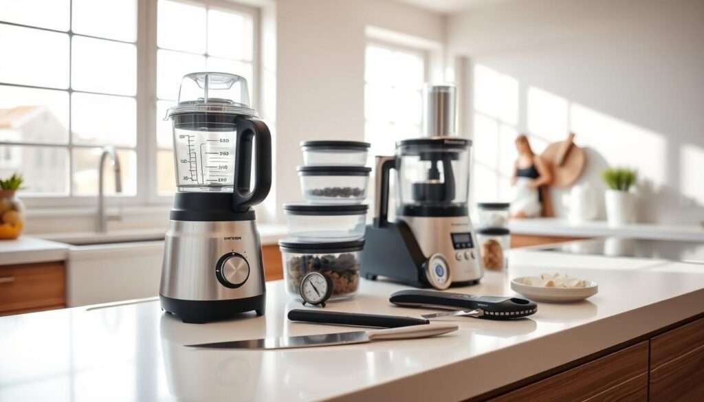 A modern, well-lit kitchen counter with a variety of time-saving appliances and gadgets arranged neatly. In the foreground, a high-quality blender, a food processor, and a sharp chef's knife sit atop a sleek white countertop. In the middle ground, a set of stackable containers, a spice rack, and a small digital timer add to the efficient, organized setup. The background features natural light streaming in through large windows, creating a warm, inviting atmosphere. The overall scene conveys a sense of culinary productivity and the convenience of kitchen hacks that can streamline meal preparation.