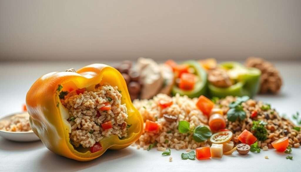 A mouth-watering spread of a deconstructed stuffed pepper bowl, showcasing its nutritional benefits. In the foreground, a vibrant, juicy bell pepper sliced open, revealing its tender flesh and a medley of whole grain rice, lean ground turkey, diced tomatoes, and fragrant herbs. In the middle ground, neatly arranged portions of the deconstructed elements, highlighting their individual colors, textures, and nutritional profiles. The background features a clean, minimalist backdrop, allowing the healthy ingredients to take center stage. Soft, natural lighting casts a warm, inviting glow, emphasizing the dish's freshness and wholesomeness. The overall composition conveys a sense of balance, health, and culinary appeal.